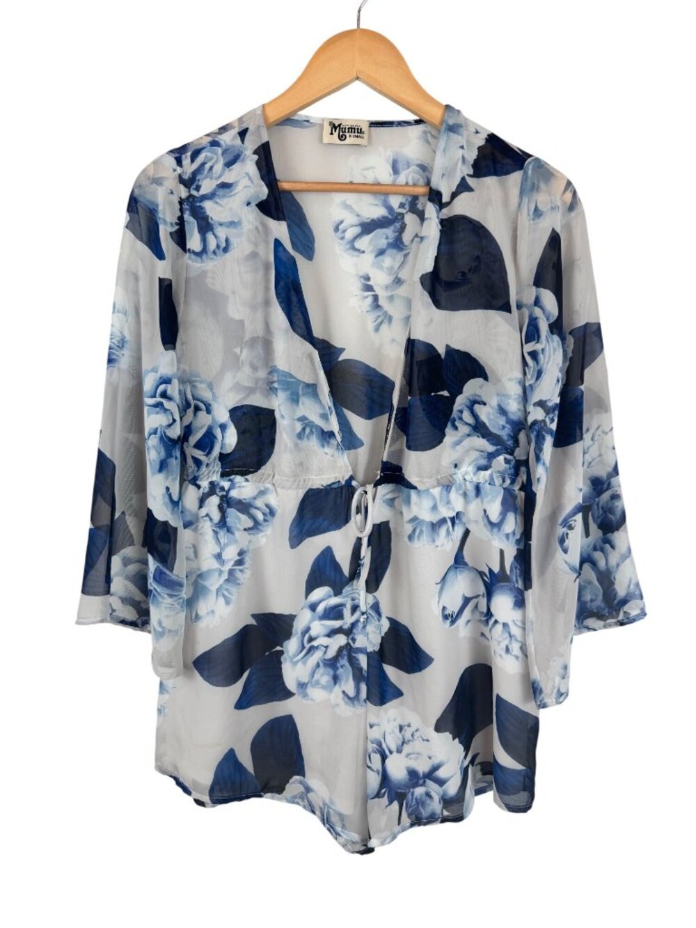 Show Me Your Mumu Roxy Romper Sheer Top Lined Bottom Blue Floral Bell Sleeves XS